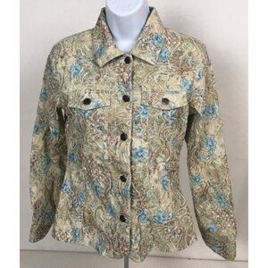 Analogy Jacket Women Size S Cream w Lt Brown Blue Flowers Pockets Embroidered